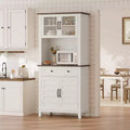 72 Tall Storage Cabinet with Glass Doors & Drawer, Kitchen Pantry Cabinet with Microwave Oven Countertop and Adjustable Shelves, Brown and White