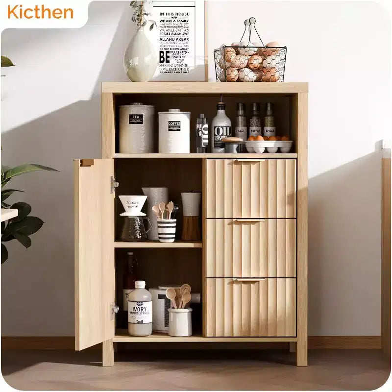 VINGLI Fluted Bathroom Floor Storage Cabinet with Fluted Door 3 Drawers,Modern Short Bathroom Storage Cabinet, Natural Oak Color