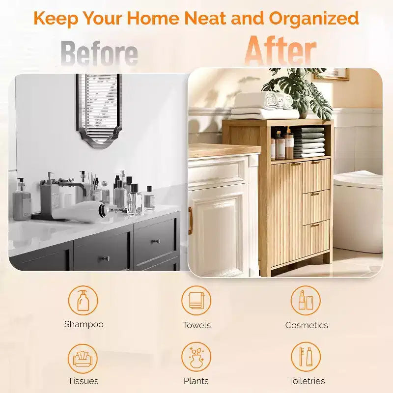 VINGLI Fluted Bathroom Floor Storage Cabinet with Fluted Door 3 Drawers,Modern Short Bathroom Storage Cabinet, Natural Oak Color
