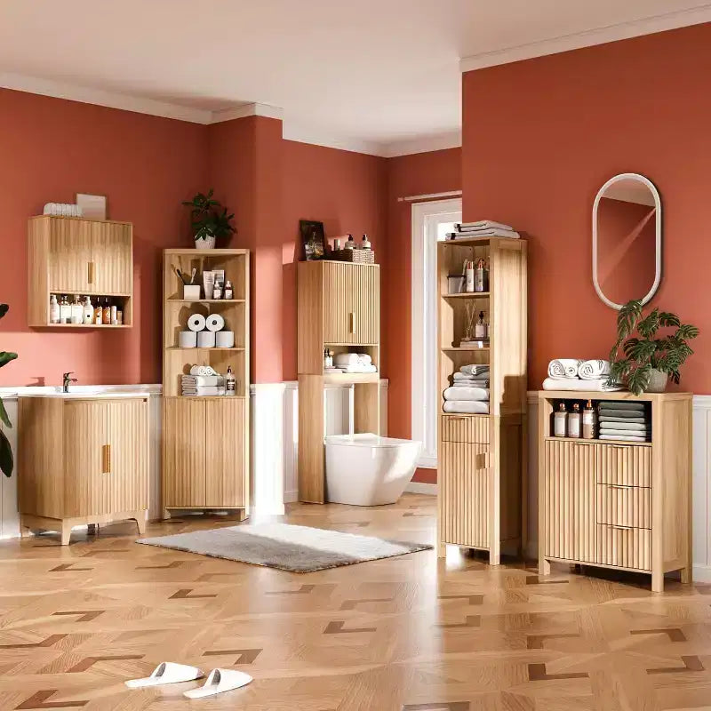 VINGLI Fluted Bathroom Floor Storage Cabinet with Fluted Door 3 Drawers,Modern Short Bathroom Storage Cabinet, Natural Oak Color