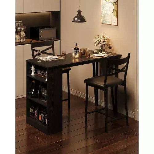 Bar Table Set with Flip Top Extension, Storage Shelves, Upholstered Chairs, Dining Table Set for Small Space