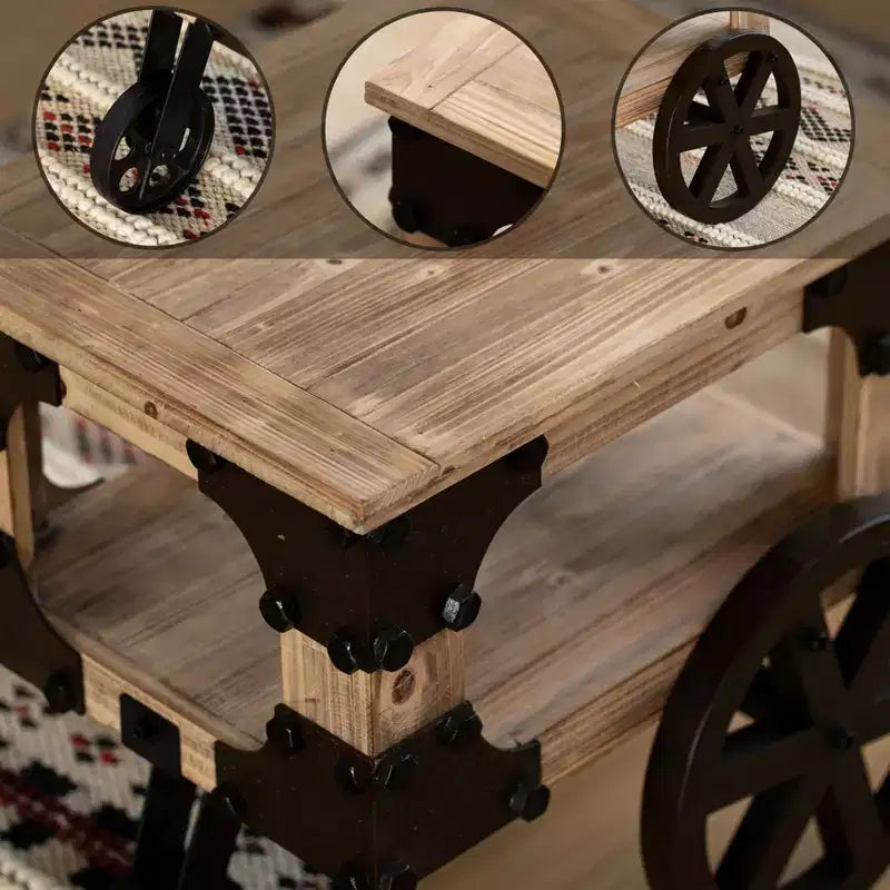 Vintiquewise Farmhouse Wagon-Style End Table with Storage Shelf & Rolling Wheels Vintage Wood Accent Table for Living Room Bedroom or Entryway