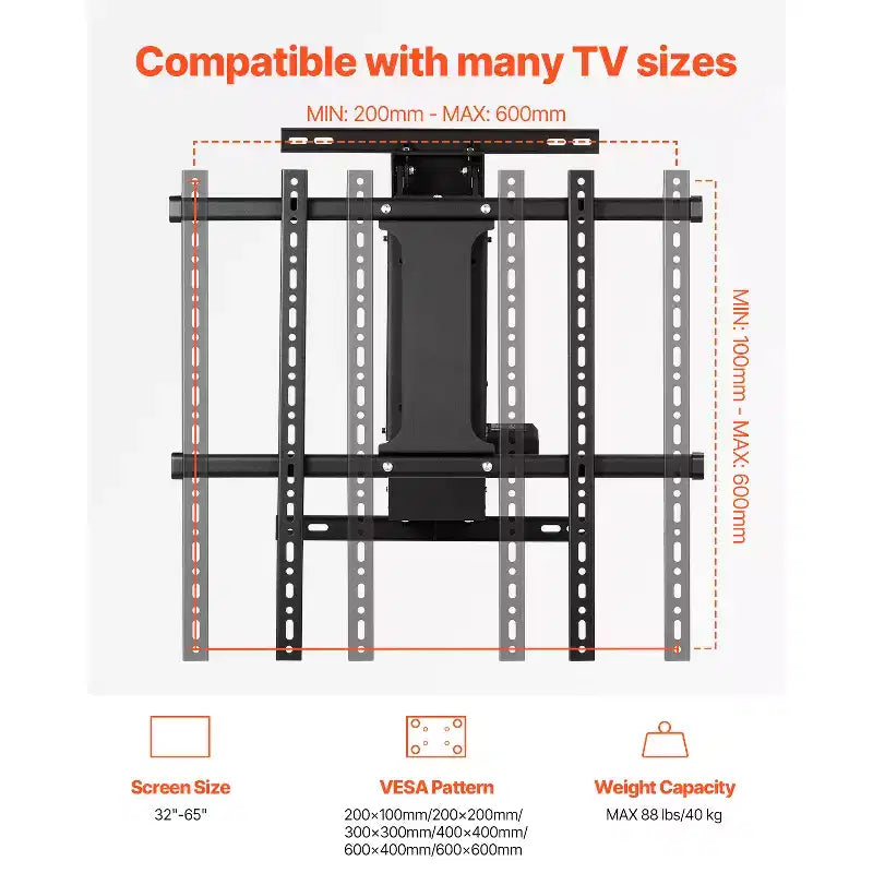 VEVOR Motorized TV Wall Mount, TV Mount for 32 to 65 Inch TV, Electric Adjustable Ceiling TV Mount, Motorized Flip Down TV Mount Bracket, Black