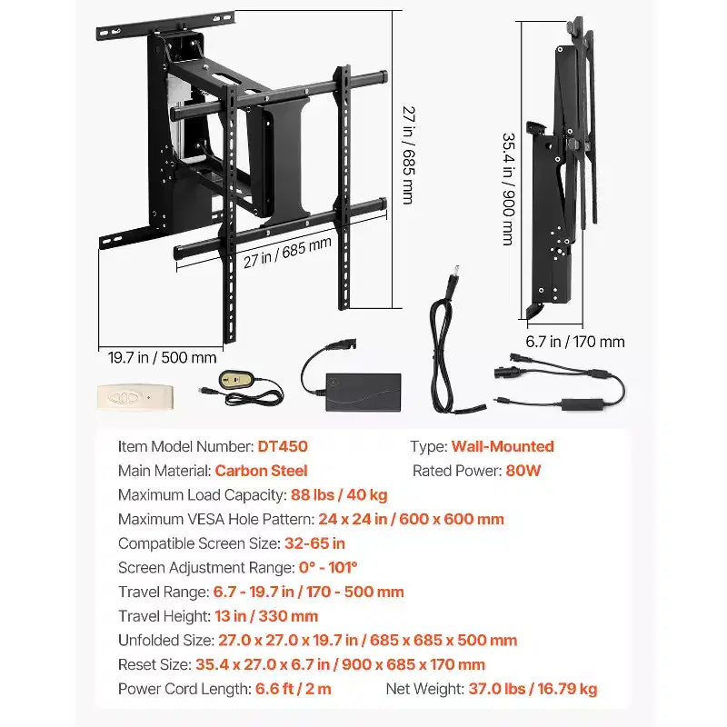 VEVOR Motorized TV Wall Mount, TV Mount for 32 to 65 Inch TV, Electric Adjustable Ceiling TV Mount, Motorized Flip Down TV Mount Bracket, Black